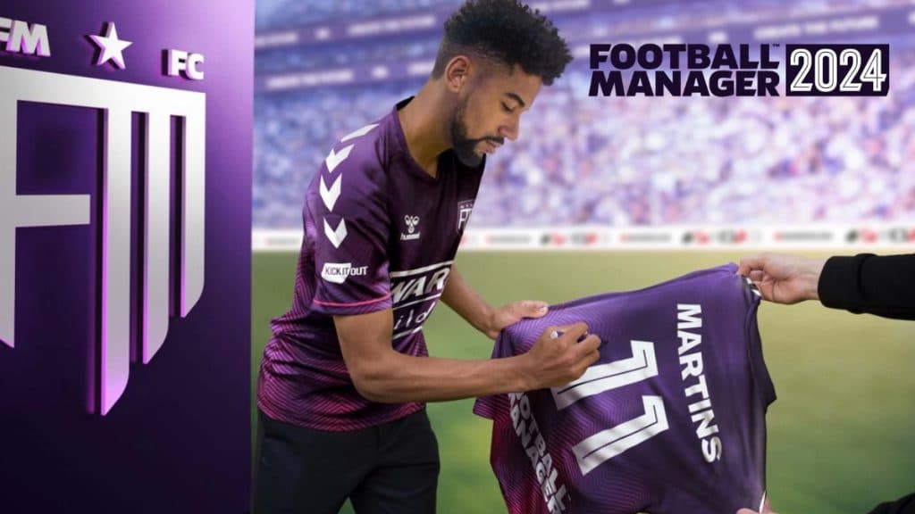 Football Manger 2024 key art of player signing a jersey