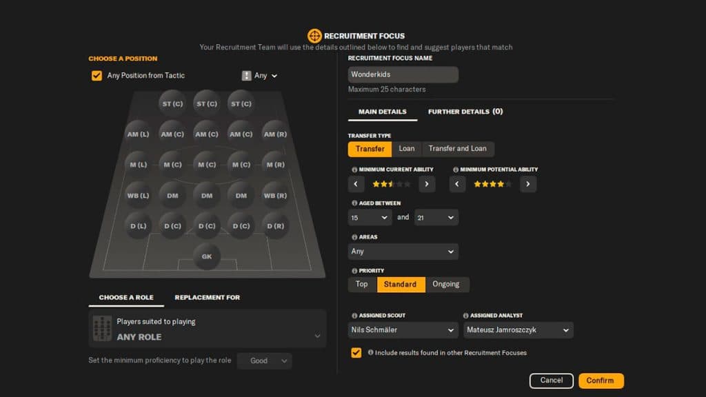 Recruitment Focus hud in Football Manager 2024