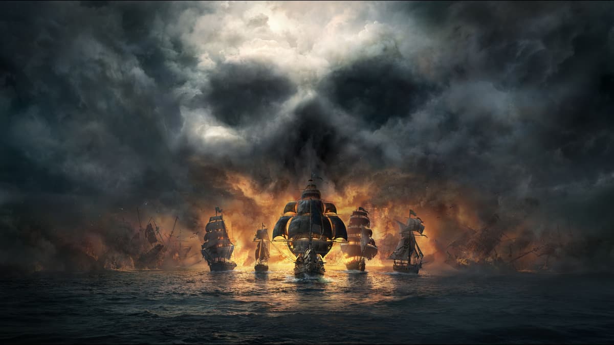 Ships in Skull and Bones approaching with a skull looking cloud behind them