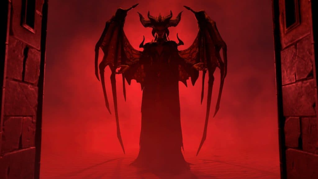 Diablo 4 Lilith in front of the gates of hell