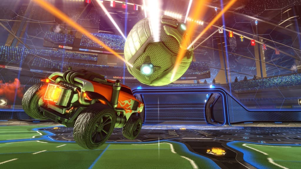 Rocket League players chasing a ball