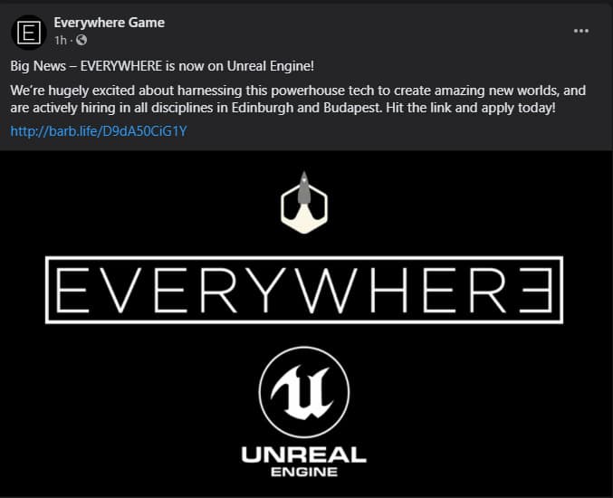 Screenshot of a facebook post from the EVERYWHERE devs