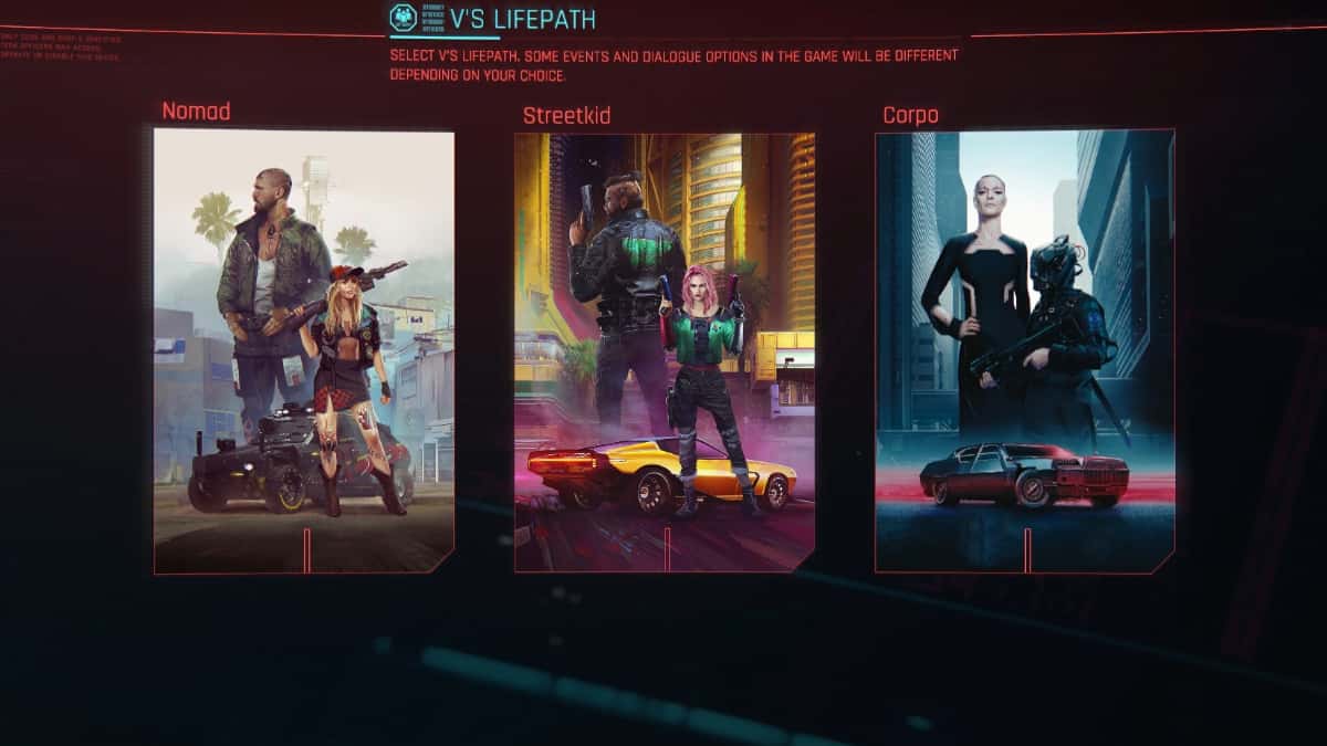 Lifepath selection screen in Cyberpunk 2077