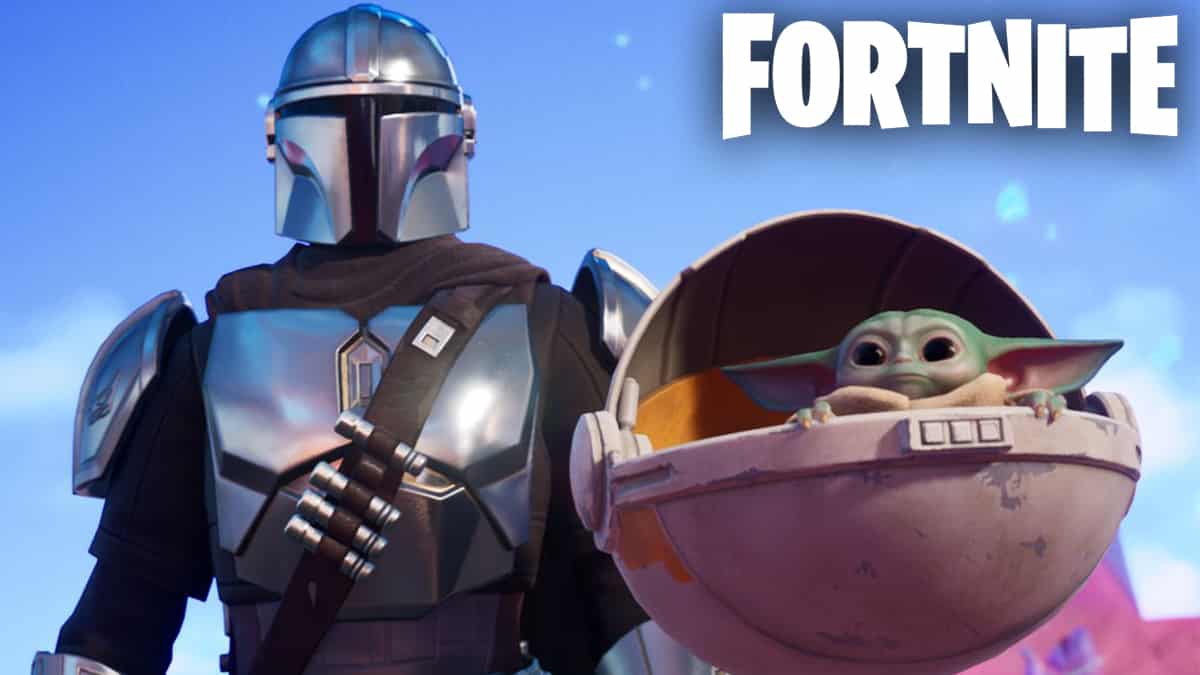 The Child floating alongside The Mandalorian in Fortnite.