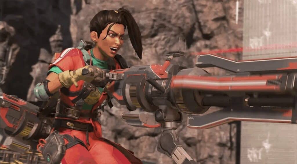 Rampart firing her minigun in Apex Legends