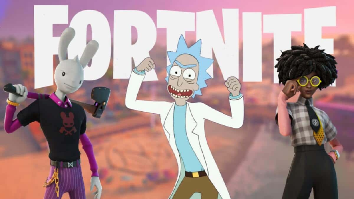 Fortnite characters dancing in front of Fortnite logo