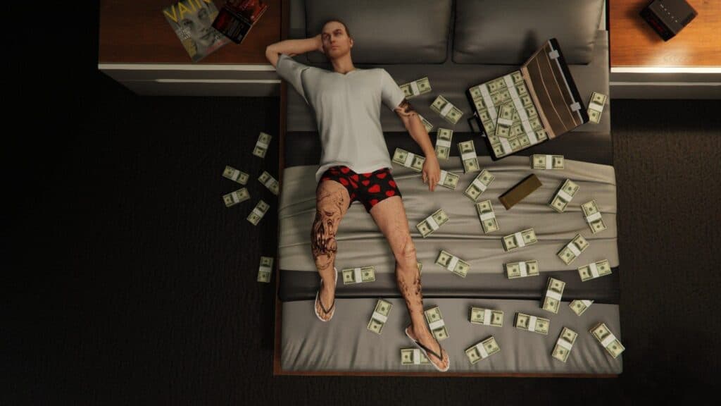 gta online character lying on a bed of cash