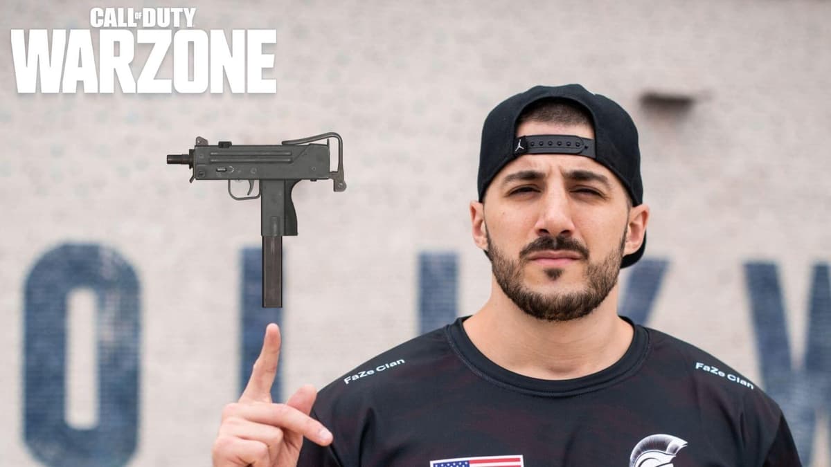 nickmercs pointing at the Warzone MAC-10