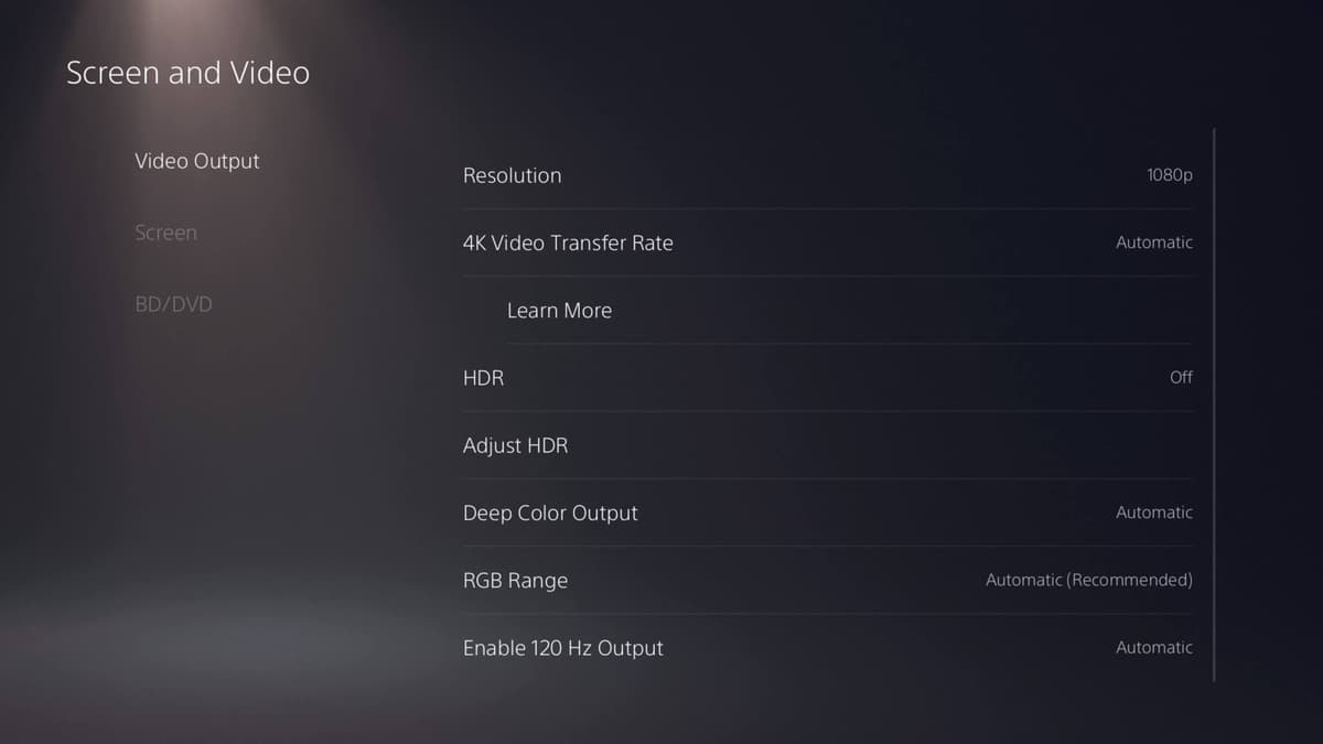 PS5 Screen and Video settings page