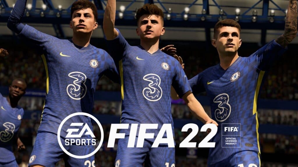 Chelsea players behind FIFA 22 logo