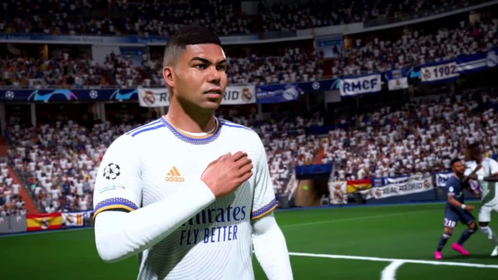 Casemiro in FIFA 22 tapping his badge