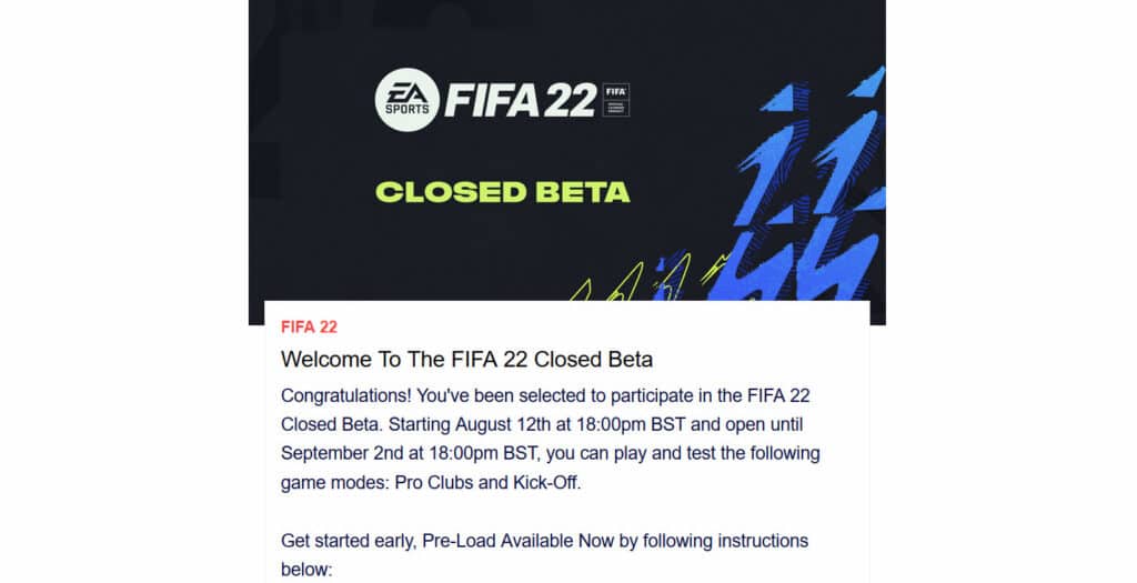 Screenshot of beta email sent out by EA.