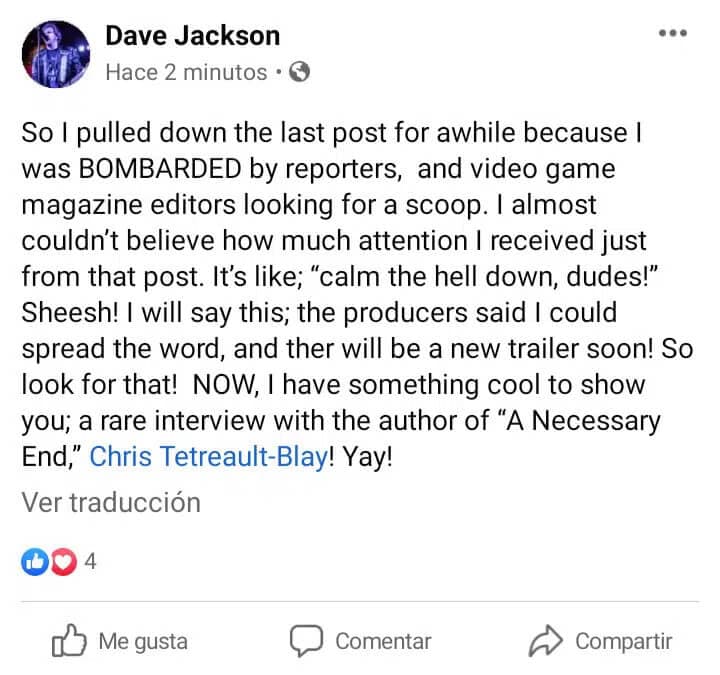 Screenshot of voice actor Dave Jackson's Facebook post