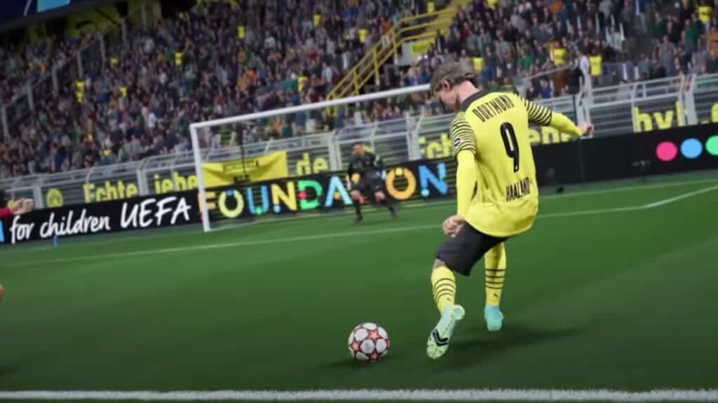 FIFA 22 player taking a shot at a goalkeeper