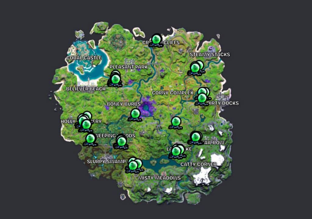 Map showing Alien Egg locations in Fortnite Season 7.