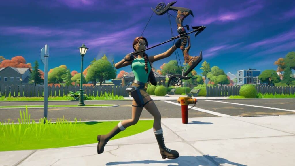 Lara Croft firing the Grappler Bow in Fortnite