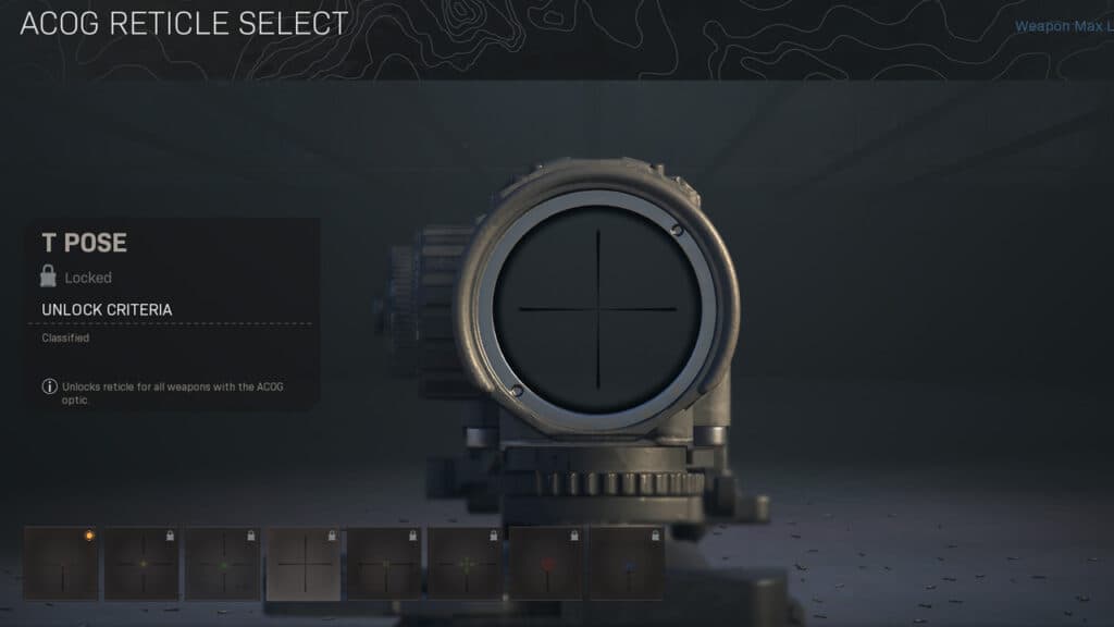 Modern Warfare's reticle select screen. 