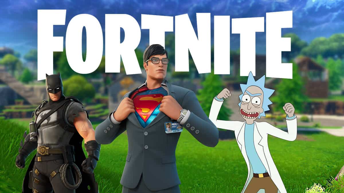 Superman, Batman, and Rick Sanchez in Fortnite