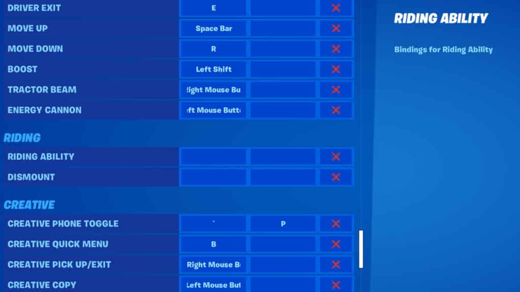 Fortnite Riding ability settings