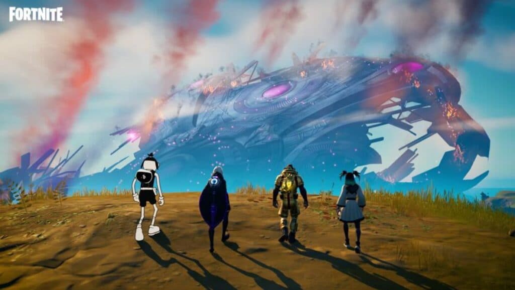 Fortnite characters walking towards crashed Mothership