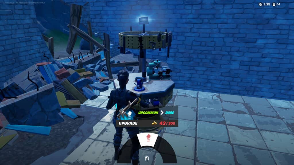 Fortnite player using weapon upgrade bench