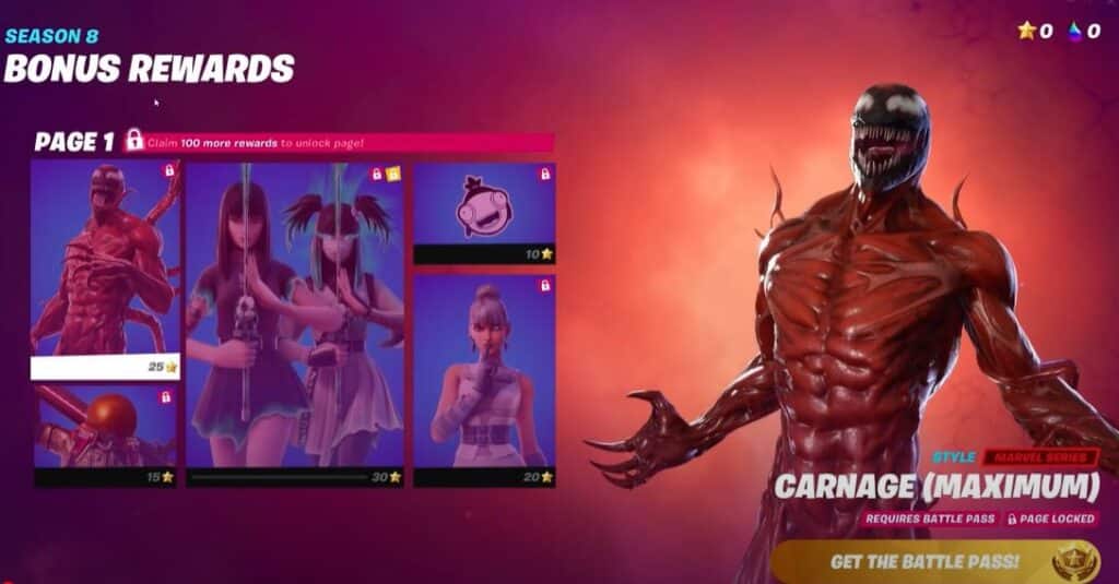 Carnage skin in Fortnite Season 8 Battle Pass