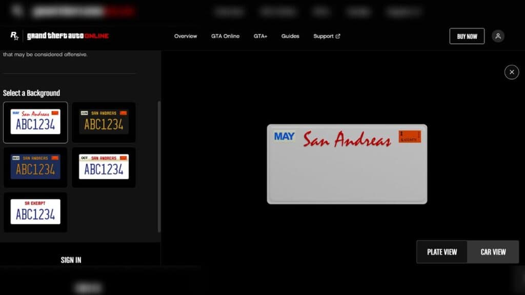 Menu to create a license plate for GTA Online