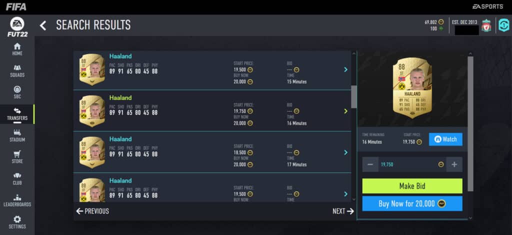 Haaland Transfer Market screenshot