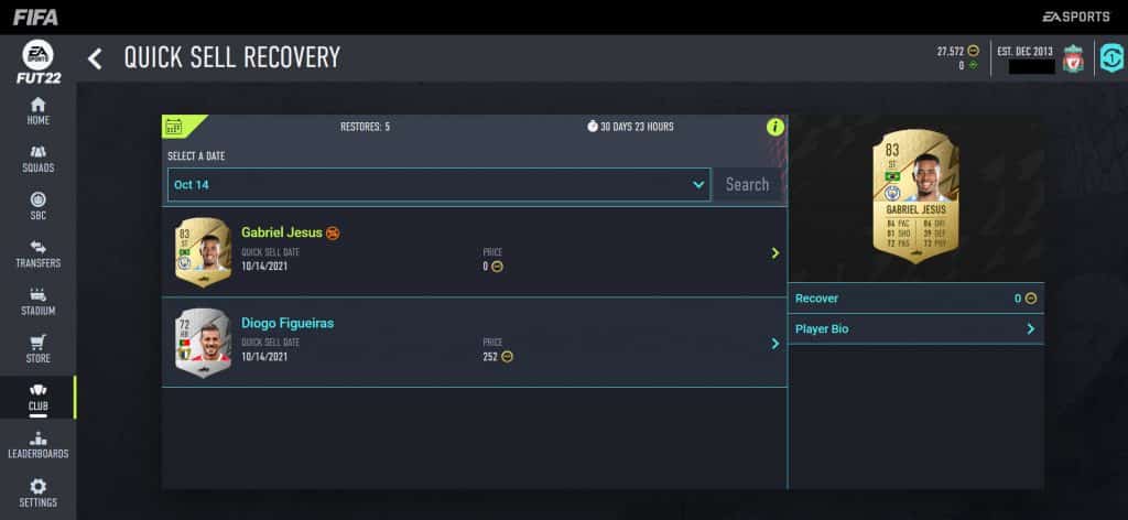 Quick sell recovery in FIFA 22 Ultimate Team