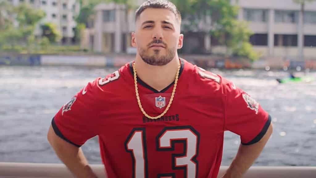 NICKMERCS wearing a Tampa Buccaneers Jersey in NFL advertisement