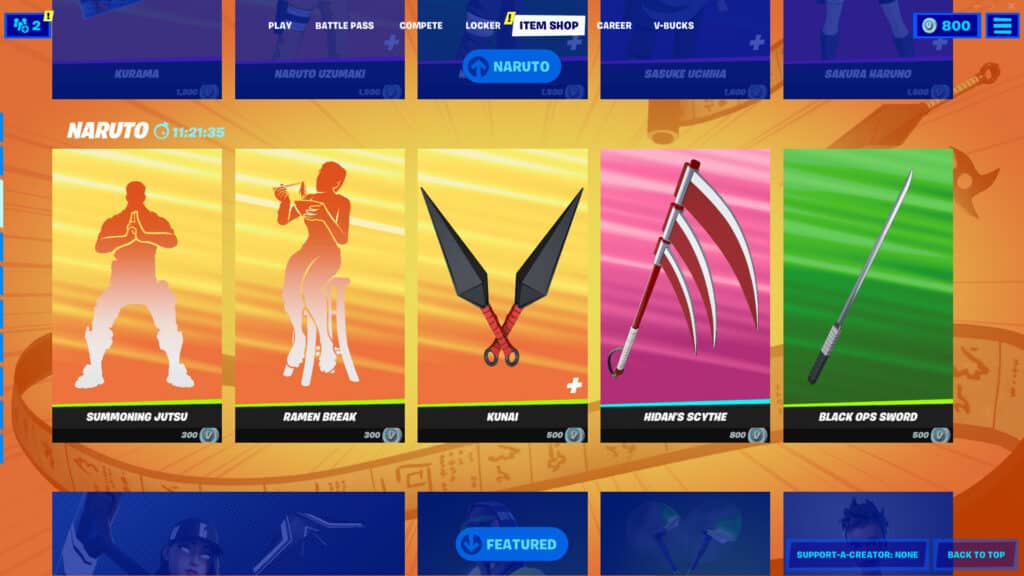 Fortnite Naruto emotes and harvesting tools