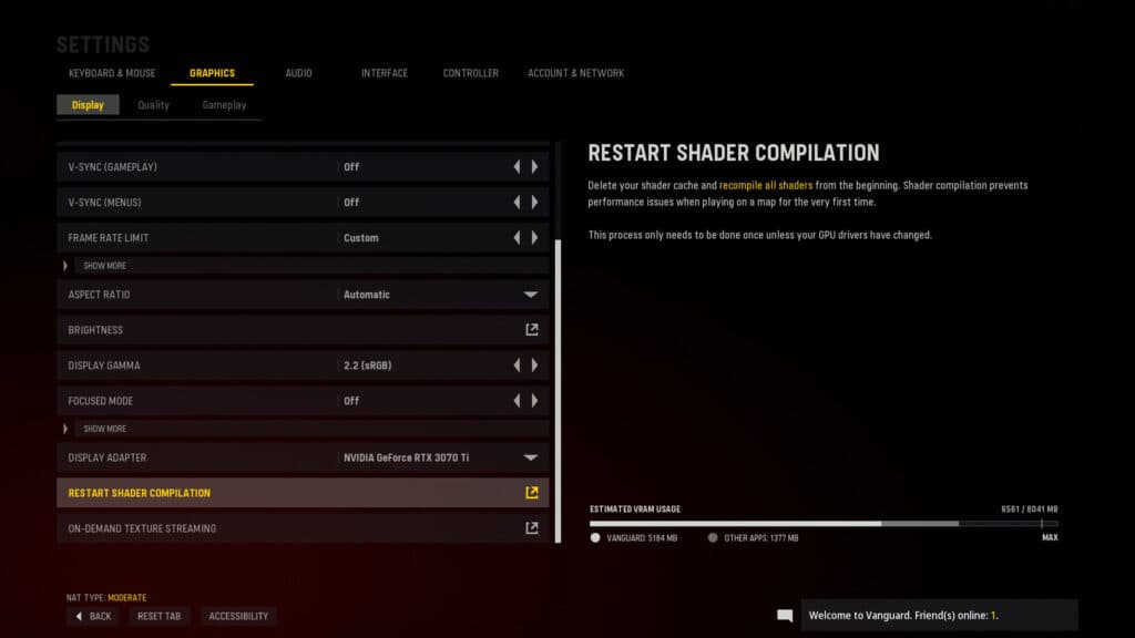 Vanguard restart shaders install menu