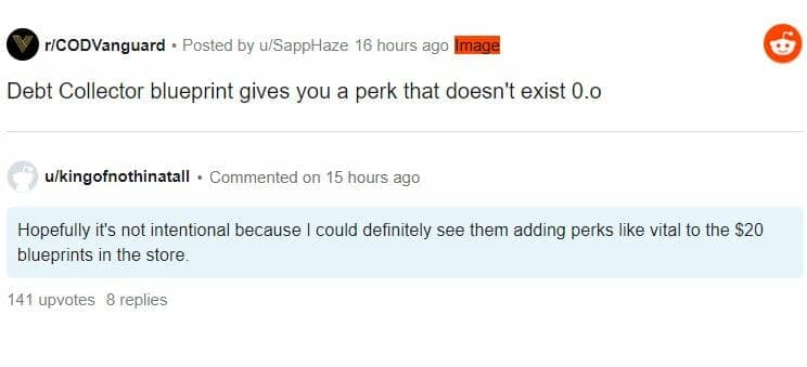 CoD: Vanguard players discussing Debt Collector Blueprint on Reddit