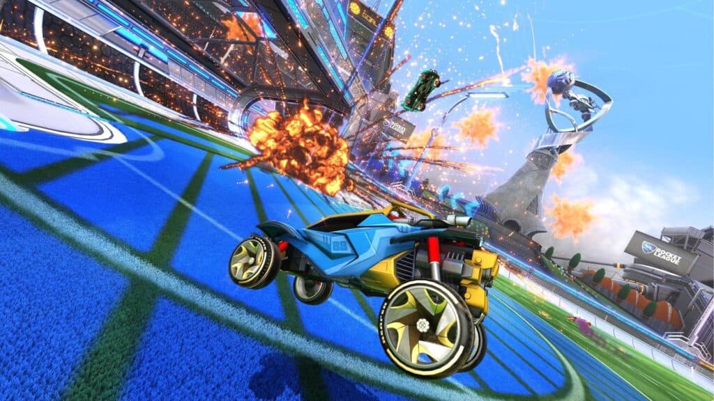 A goal explosion in Rocket League. 