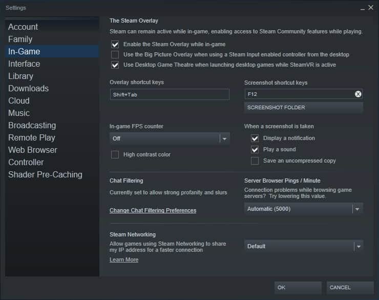 Steam FPS counter settings screen