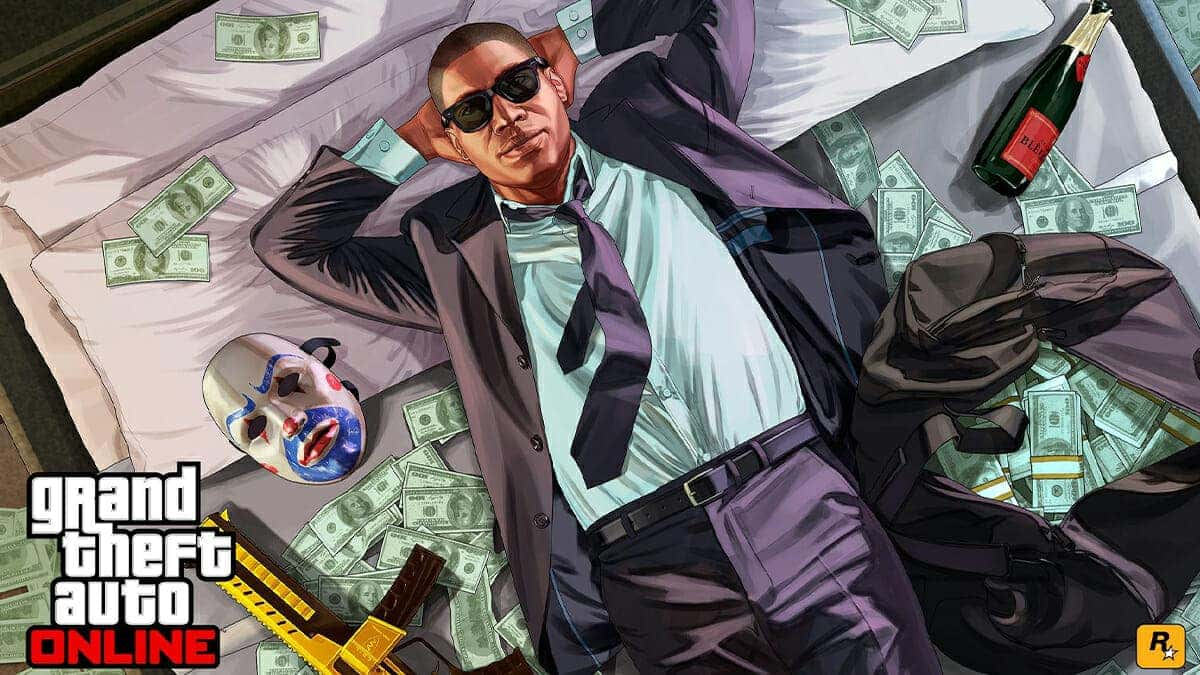 GTA online character lying on top of money