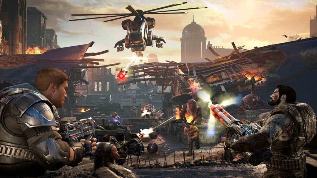 Gears of War characters fighting aliens