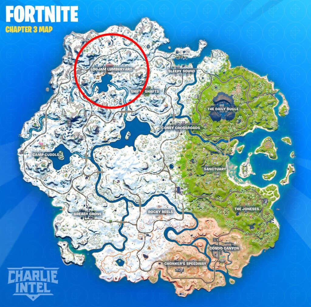 Fortnite map with Logjam Lumberyard marked