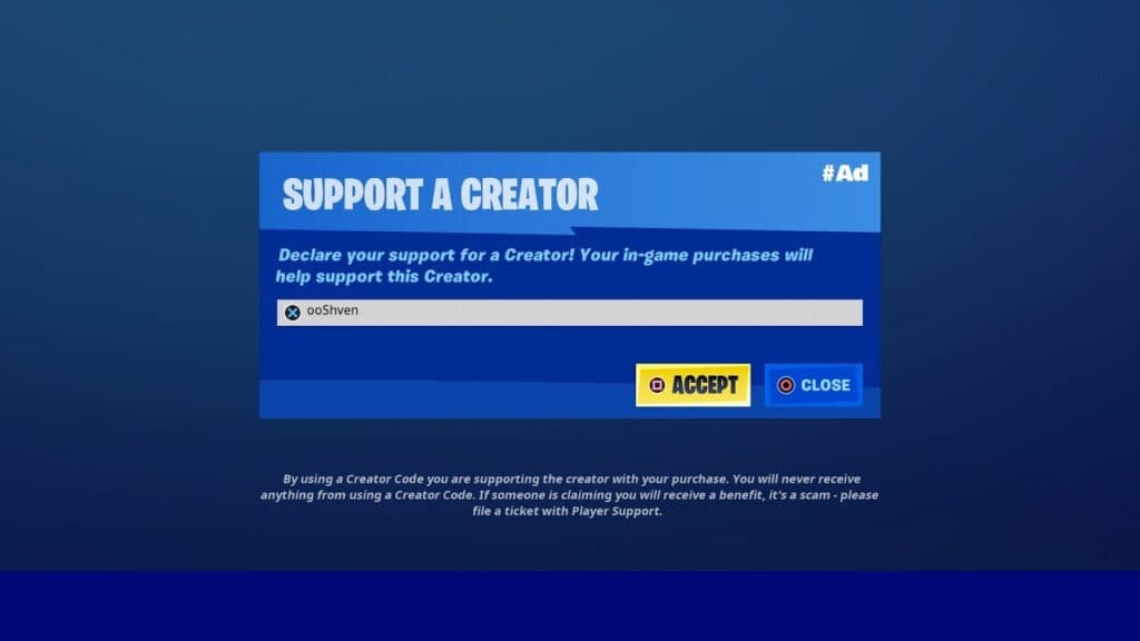 Support-A-Creator UI in Fortnite