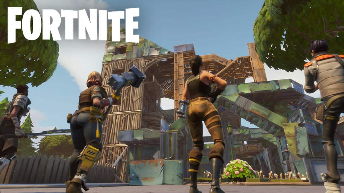 Fortnite players stood in front of building