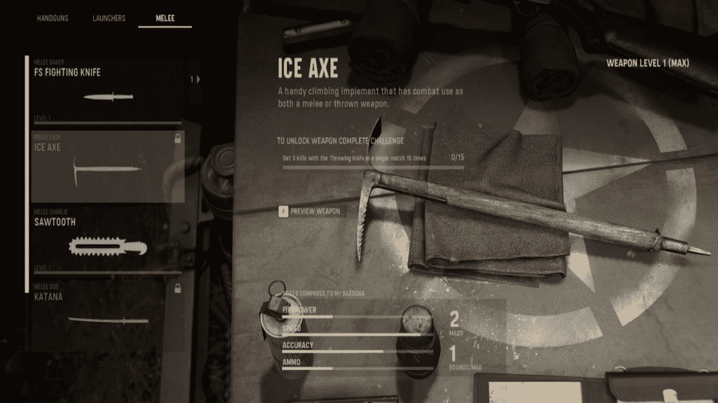 Ice Axe in Vanguard's weapon menu