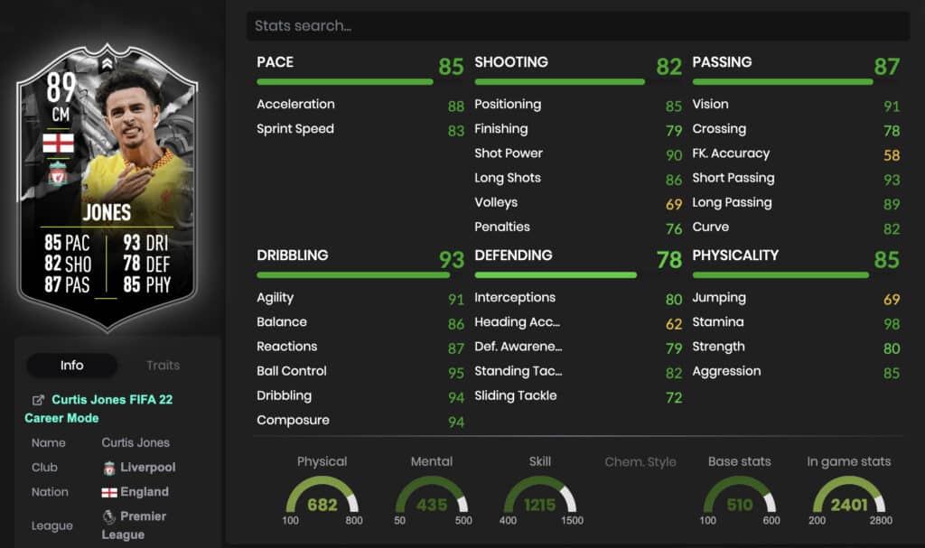 Curtis Jones stats FIFA 22