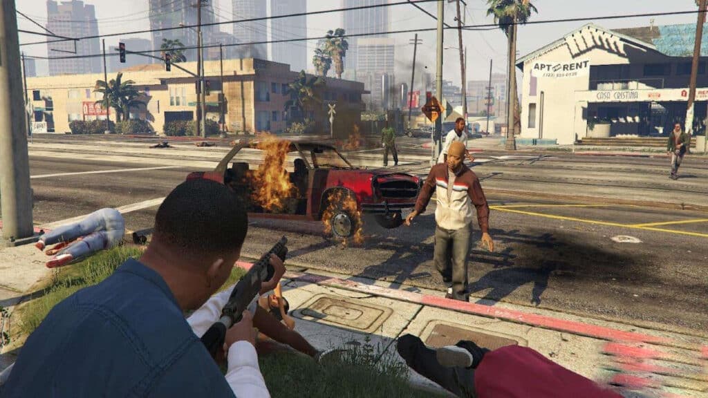 GTA V player battling zombies in the Apocalypse mod.