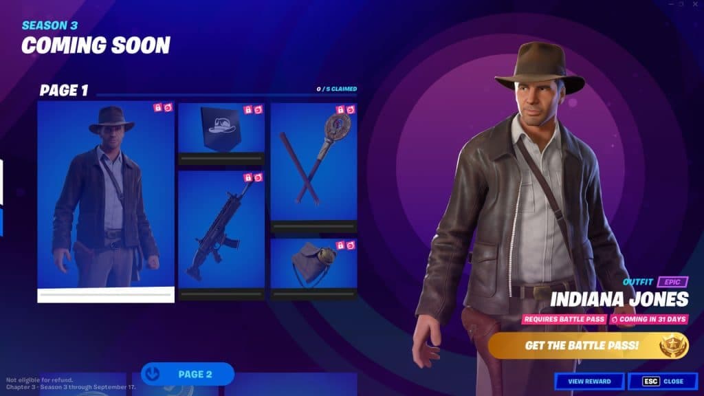 Fortnite Indiana Jones battle pass page