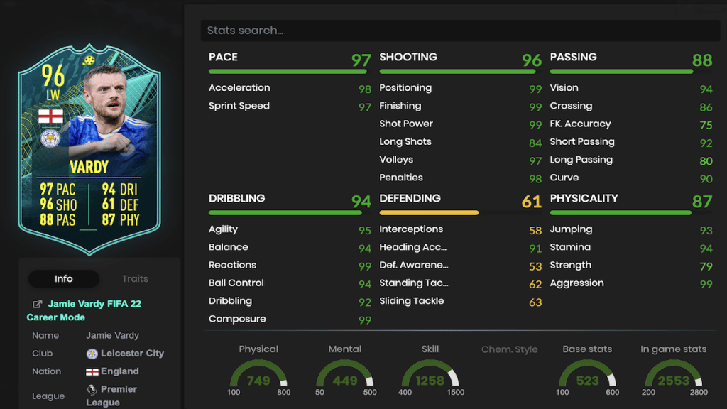 Vardy FIFA 22 SBC stats