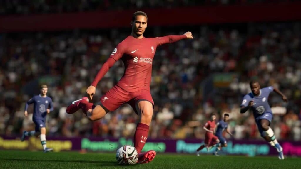 Virgil Van Dijk kicking the ball in FIFA 23