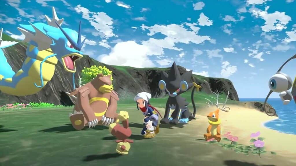 Trainer sitting with Luxray, Gyarados, Ursaring, and other Pokemon