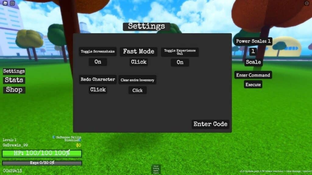 Roblox DBZ Adventures Unleashed Codes screen