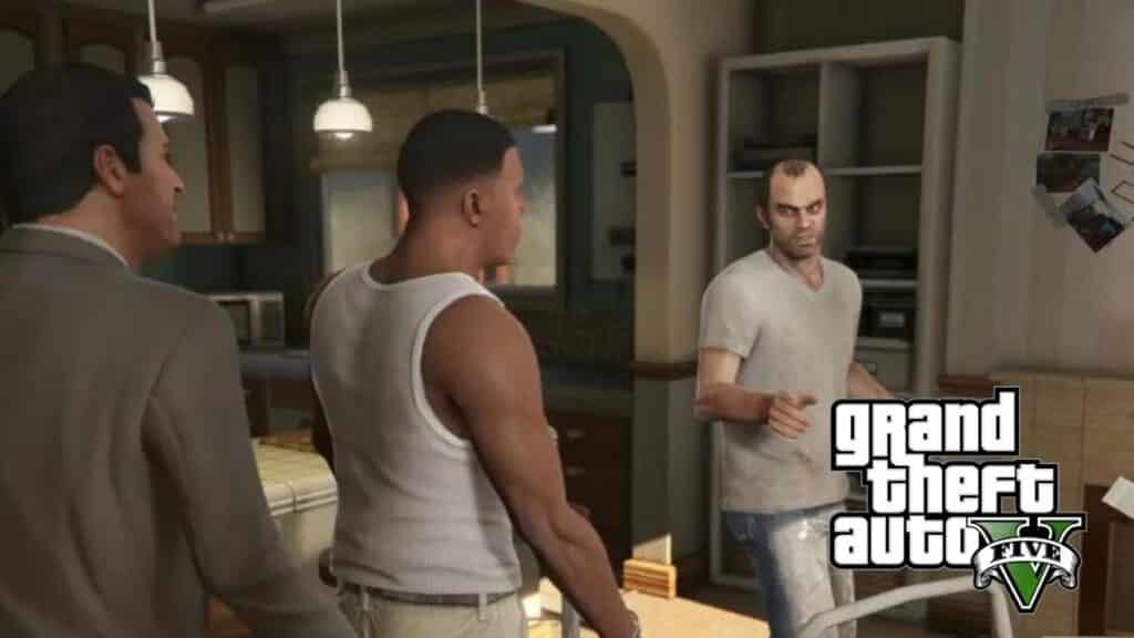 Trevor pointing at Franklin in GTA V