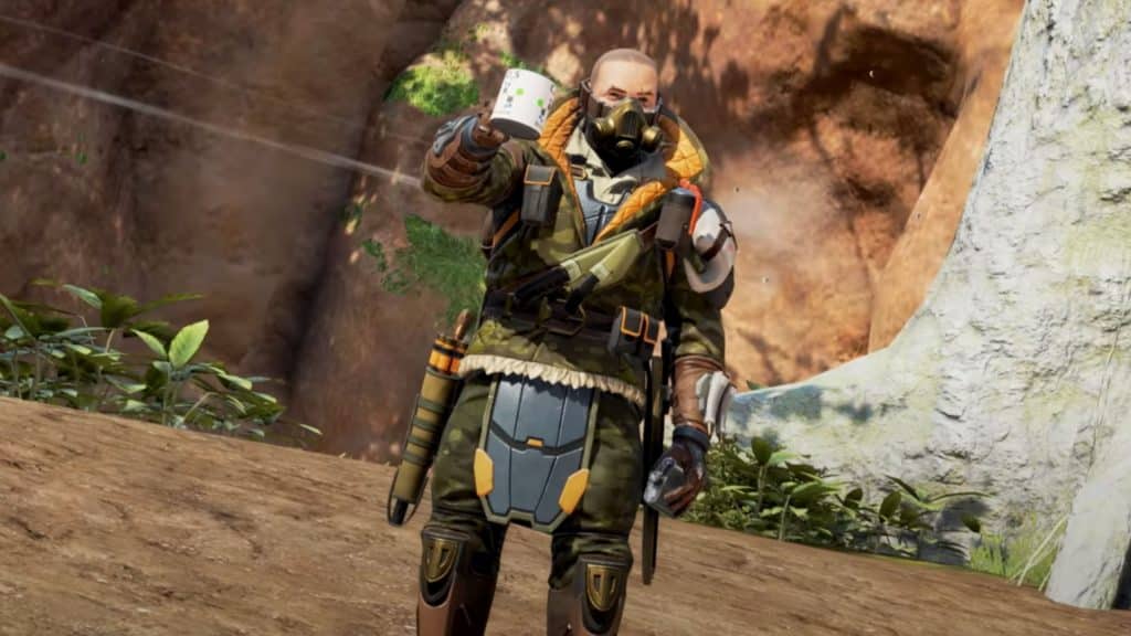 Caustic holding mug up in apex legends